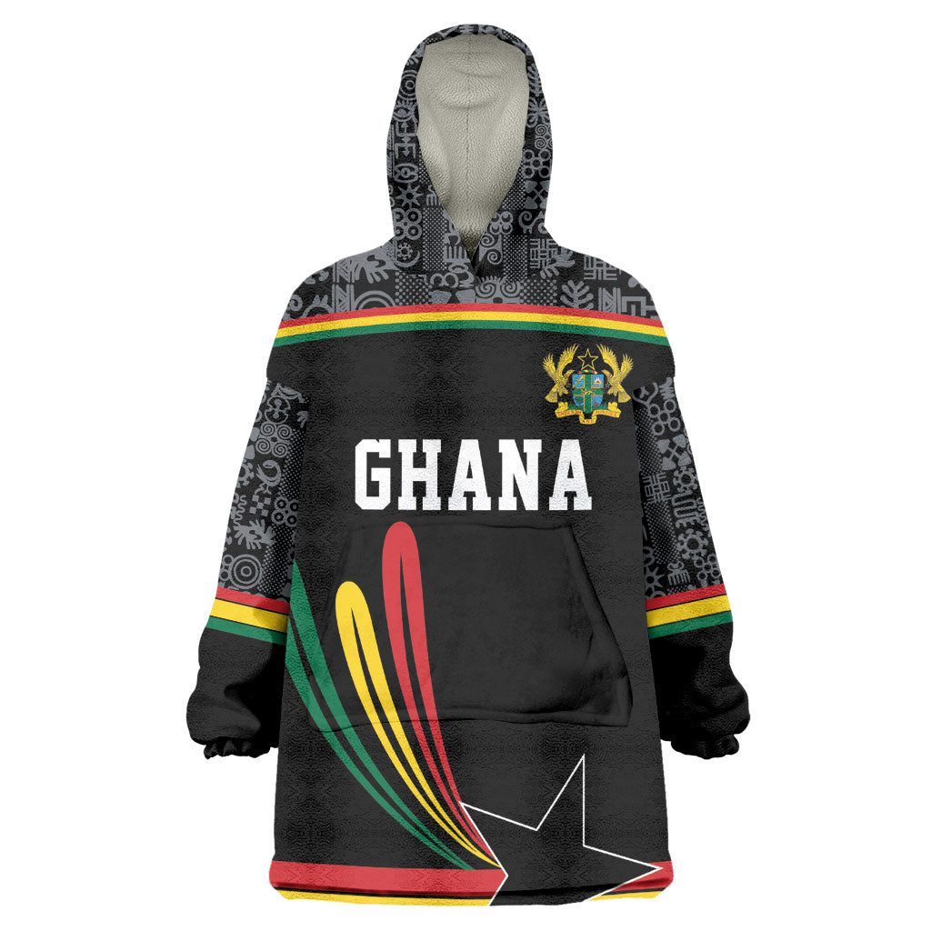 Custom World Football 2026 Ghana Wearable Blanket Hoodie Black Star Adinkra Heritage Black Version