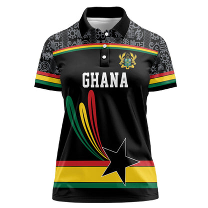 Custom World Football 2026 Ghana Women Polo Shirt Black Star Adinkra Heritage Black Version