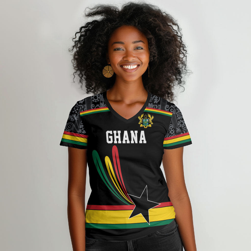 Custom World Football 2026 Ghana Women V-Neck T-Shirt Black Star Adinkra Heritage Black Version