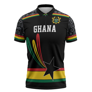 Custom World Football 2026 Ghana Zipper Polo Shirt Black Star Adinkra Heritage Black Version