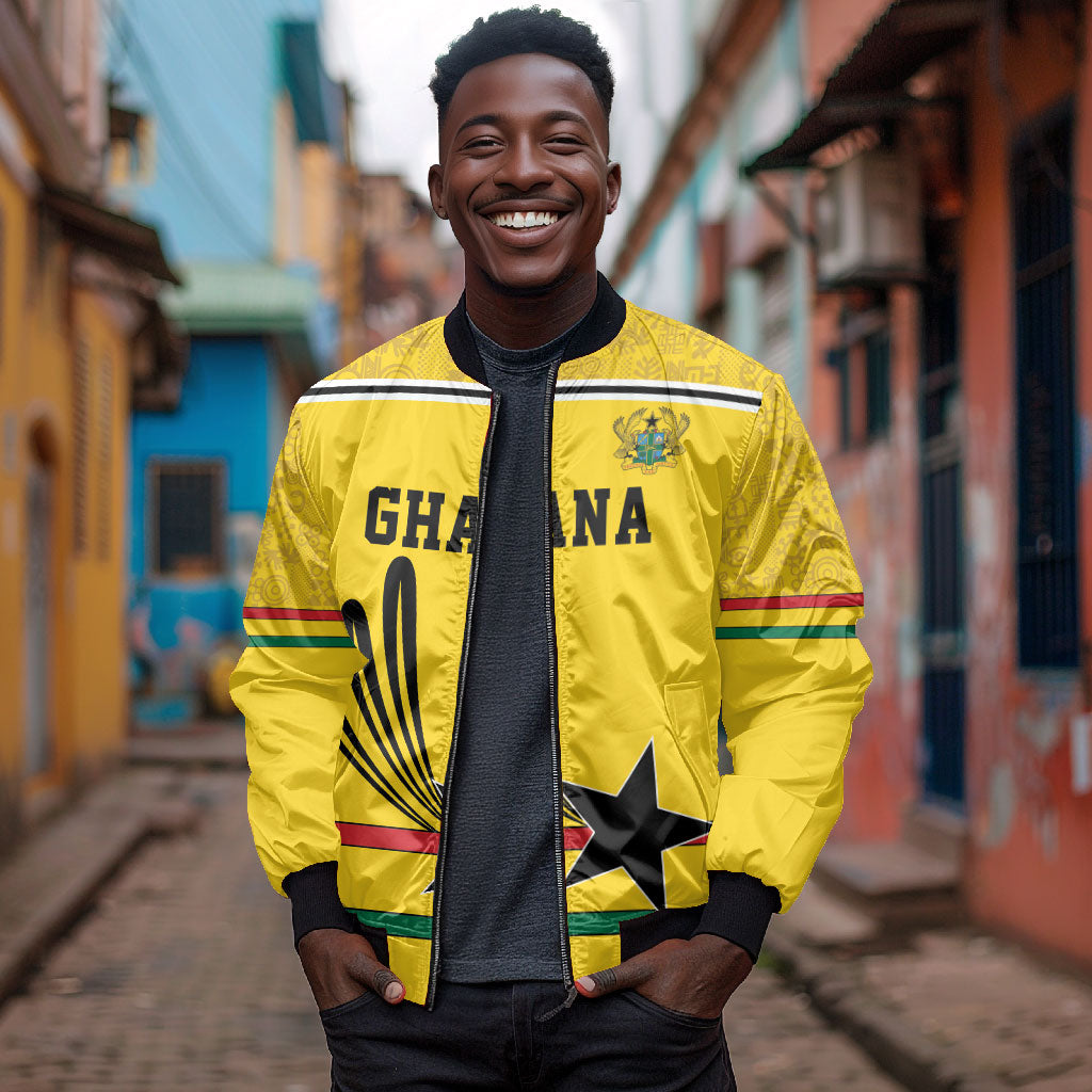 Custom World Football 2026 Ghana Bomber Jacket Black Star Adinkra Heritage Yellow Version