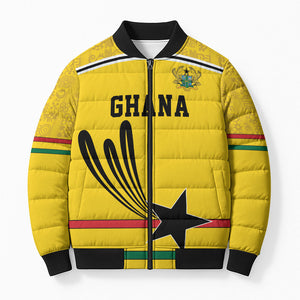 Custom World Football 2026 Ghana Bomber Puffer Jacket Black Star Adinkra Heritage Yellow Version