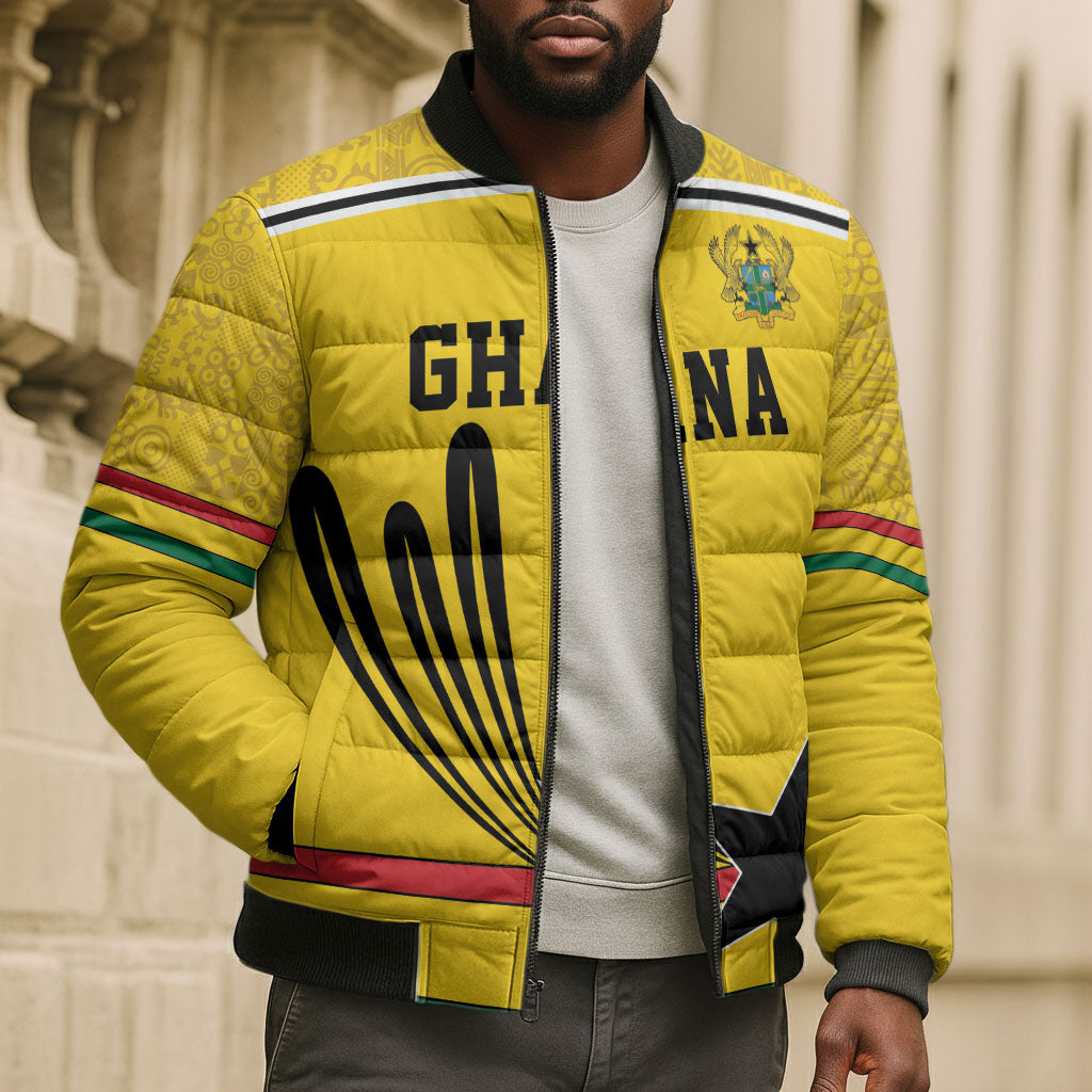 Custom World Football 2026 Ghana Bomber Puffer Jacket Black Star Adinkra Heritage Yellow Version