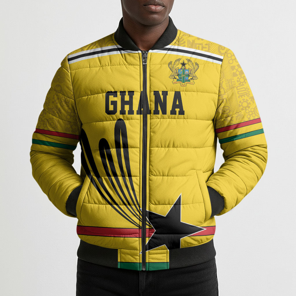 Custom World Football 2026 Ghana Bomber Puffer Jacket Black Star Adinkra Heritage Yellow Version