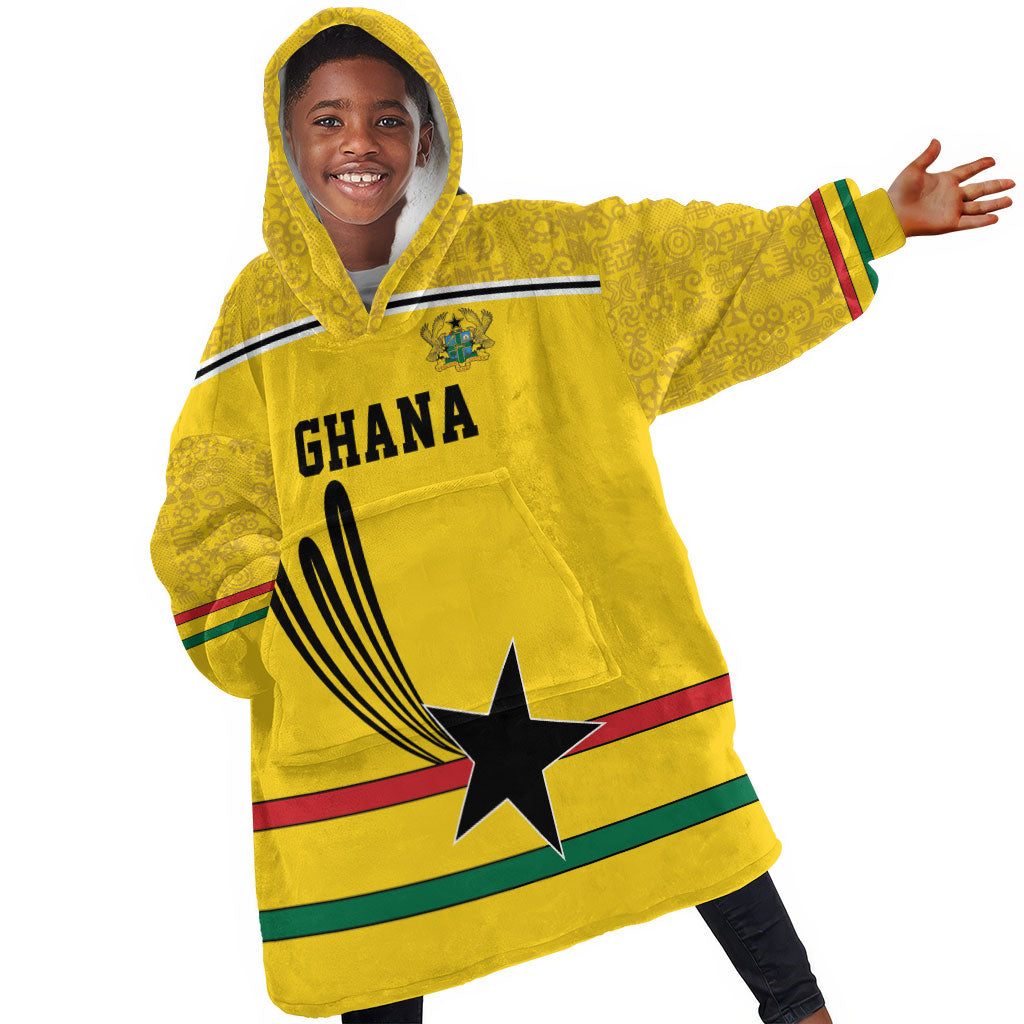 Custom World Football 2026 Ghana Kid Wearable Blanket Hoodie Black Star Adinkra Heritage Yellow Version