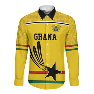 Custom World Football 2026 Ghana Long Sleeve Button Shirt Black Star Adinkra Heritage Yellow Version