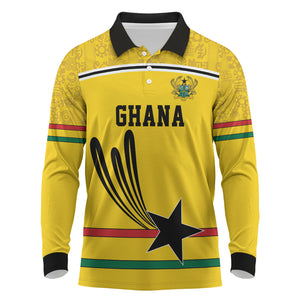 Custom World Football 2026 Ghana Long Sleeve Polo Shirt Black Star Adinkra Heritage Yellow Version