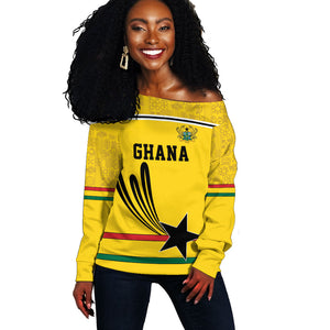 Custom World Football 2026 Ghana Off Shoulder Sweater Black Star Adinkra Heritage Yellow Version