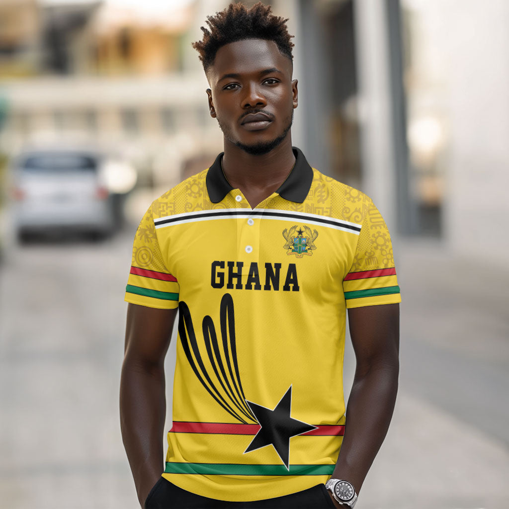 Custom World Football 2026 Ghana Polo Shirt Black Star Adinkra Heritage Yellow Version