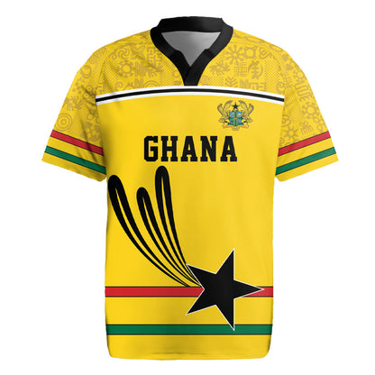 Custom World Football 2026 Ghana Rugby Jersey Black Star Adinkra Heritage Yellow Version