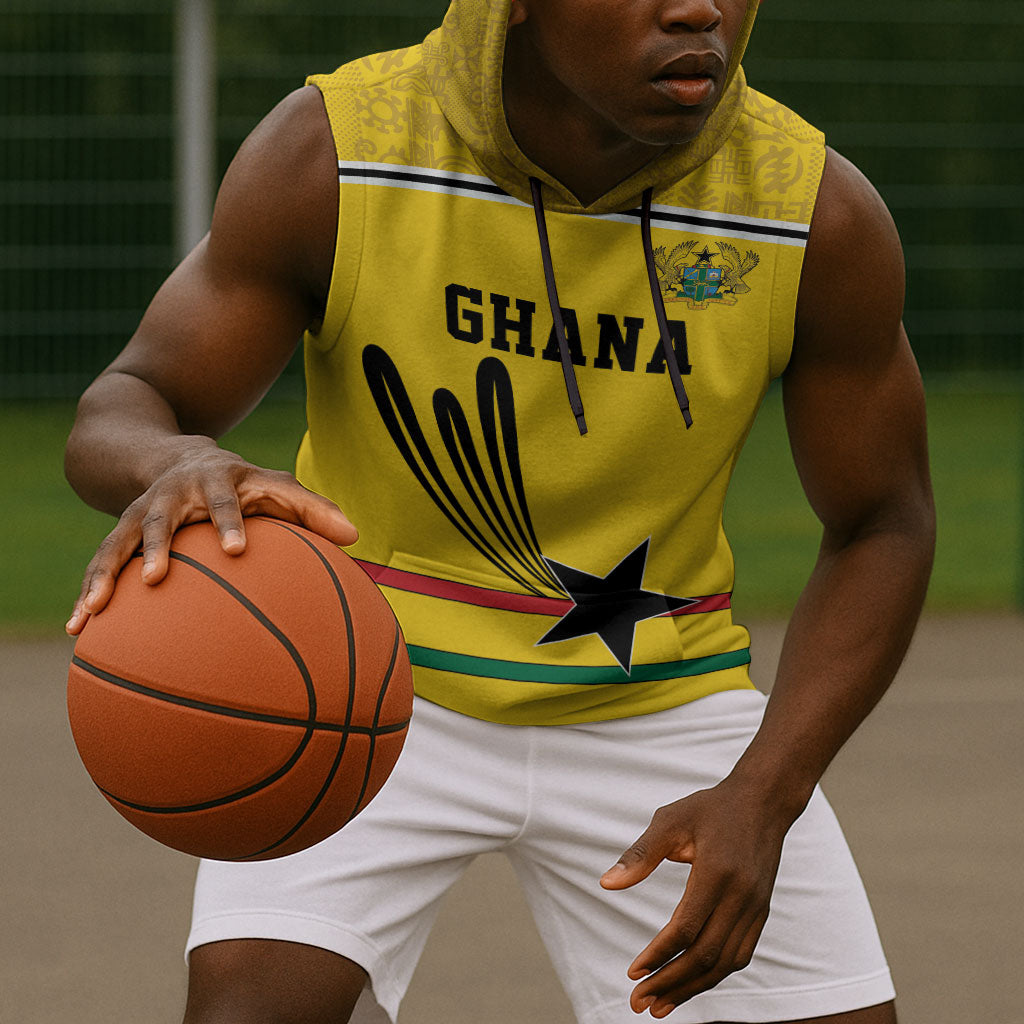 Custom World Football 2026 Ghana Sleeveless Hoodie Black Star Adinkra Heritage Yellow Version