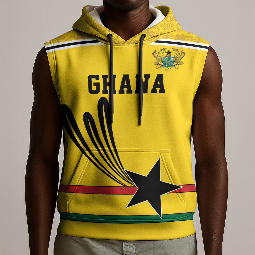 Custom World Football 2026 Ghana Sleeveless Hoodie Black Star Adinkra Heritage Yellow Version