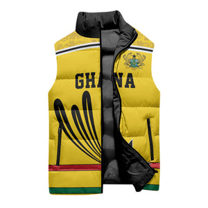 Custom World Football 2026 Ghana Sleeveless Puffer Jacket Black Star Adinkra Heritage Yellow Version