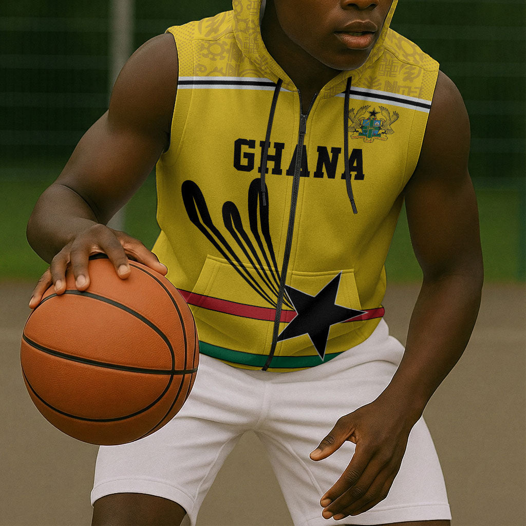 Custom World Football 2026 Ghana Sleeveless Zip Hoodie Black Star Adinkra Heritage Yellow Version