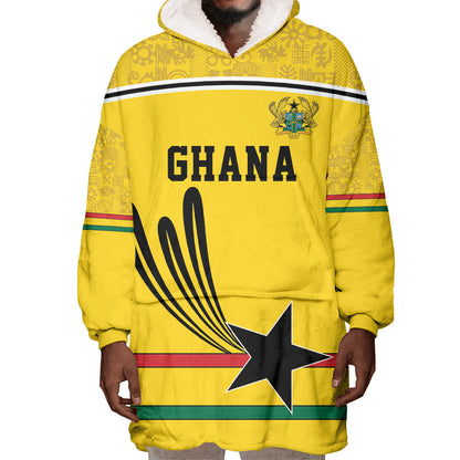 Custom World Football 2026 Ghana Wearable Blanket Hoodie Black Star Adinkra Heritage Yellow Version