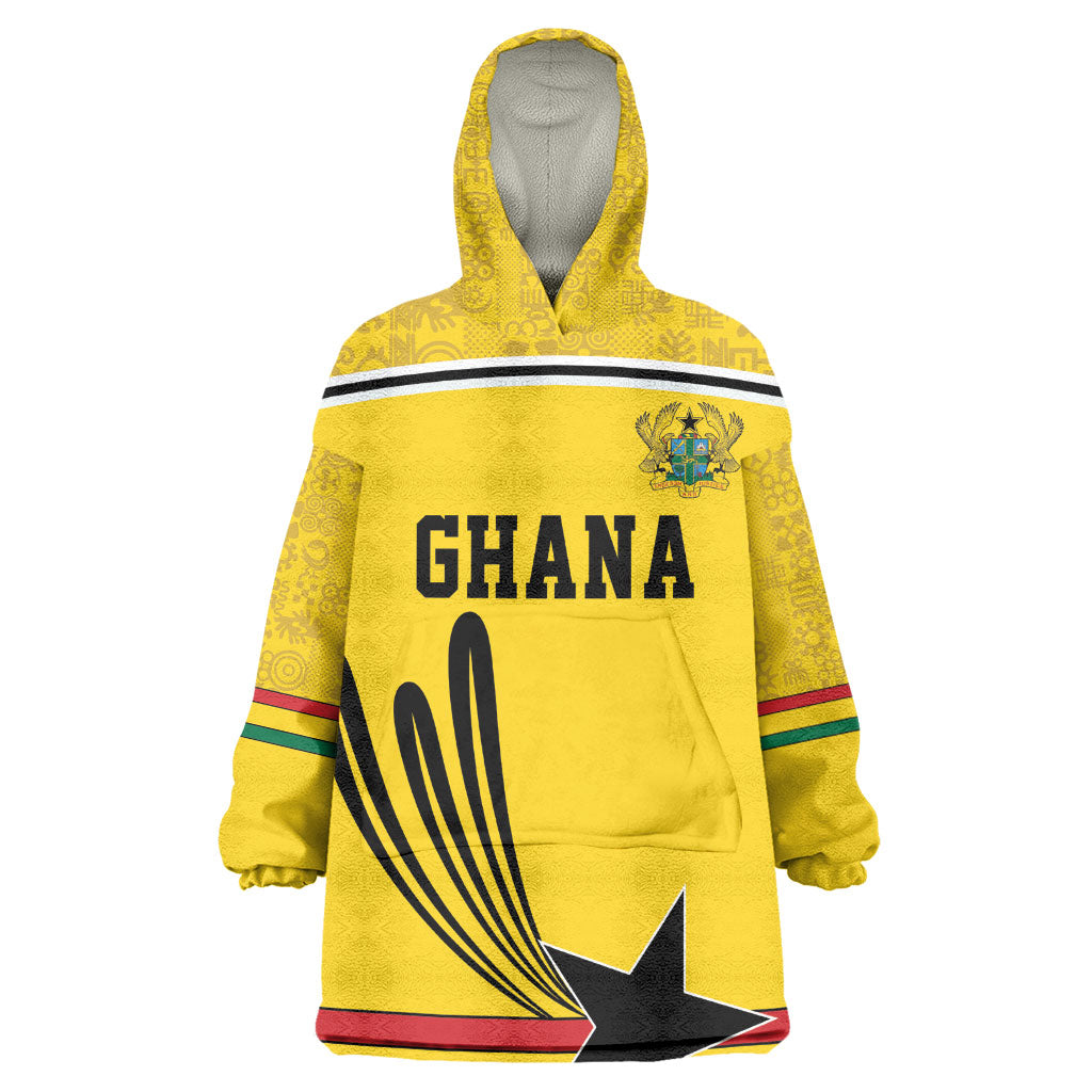 Custom World Football 2026 Ghana Wearable Blanket Hoodie Black Star Adinkra Heritage Yellow Version