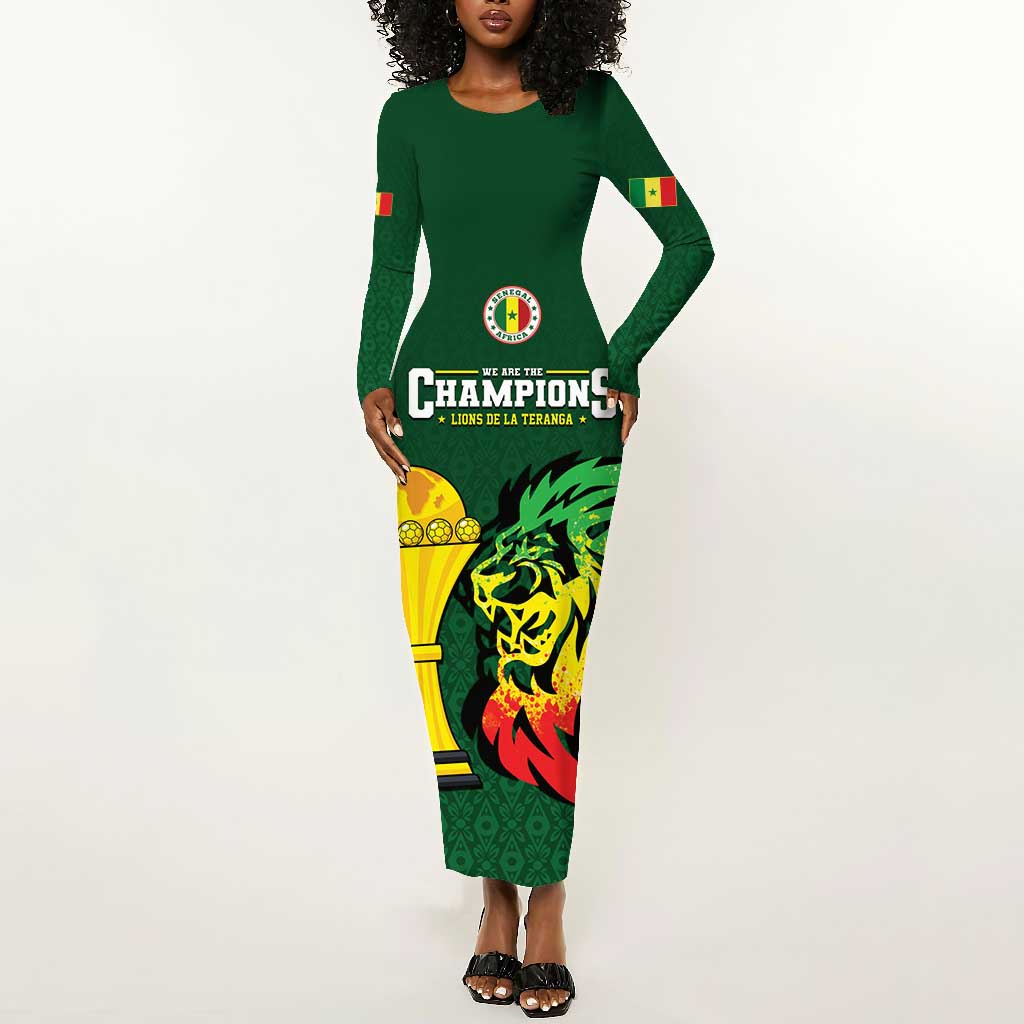 Senegal Football Champions Custom Long Sleeve Bodycon Dress Lions of Teranga Rise