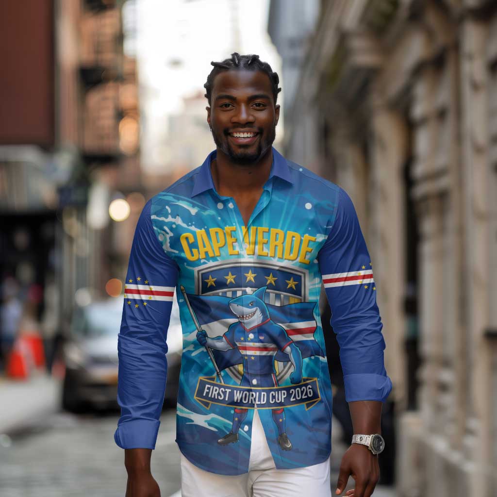 Blue Shark Cape Verde Football Long Sleeve Button Shirt First World Cup 2026 - African Pride