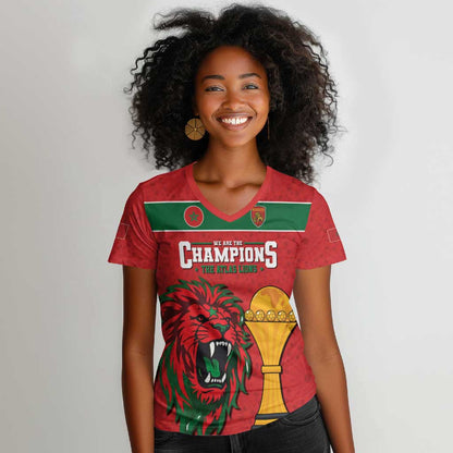 Morocco Champions Football Custom Women V-Neck T-Shirt Atlas Lions Rise