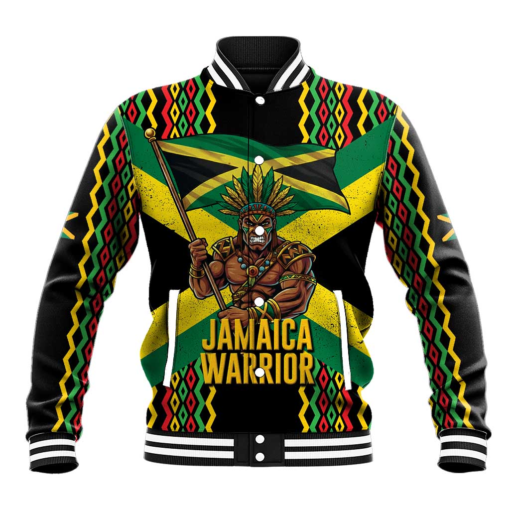 Black Jamaicans Warrior Spirit Baseball Jacket Tribal Fighter in Reggae Colors - African Pride