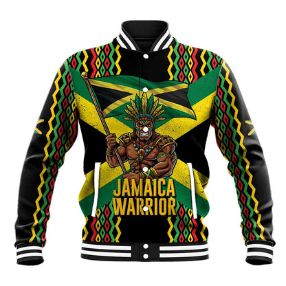 Black Jamaicans Warrior Spirit Baseball Jacket Tribal Fighter in Reggae Colors - African Pride