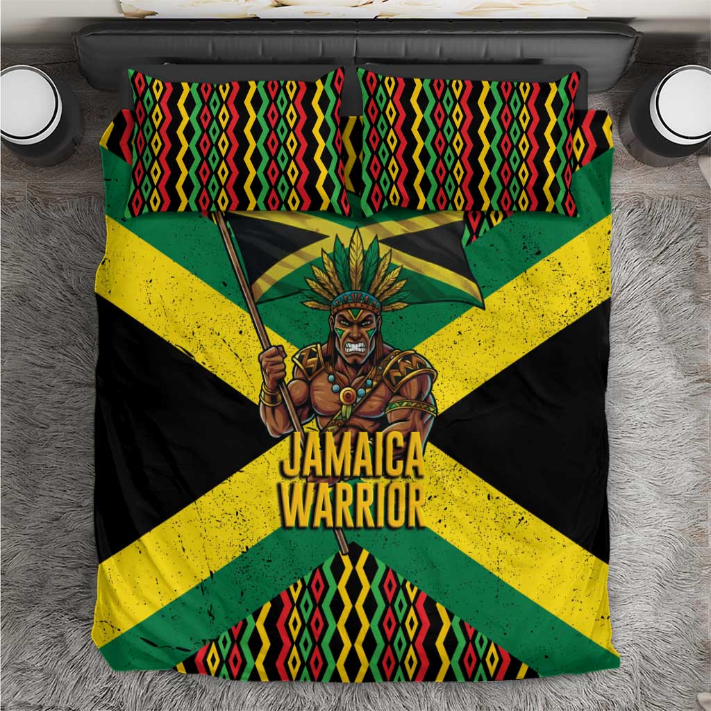 Black Jamaicans Warrior Spirit Bedding Set Tribal Fighter in Reggae Colors - African Pride