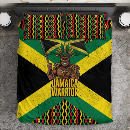 Black Jamaicans Warrior Spirit Bedding Set Tribal Fighter in Reggae Colors - African Pride