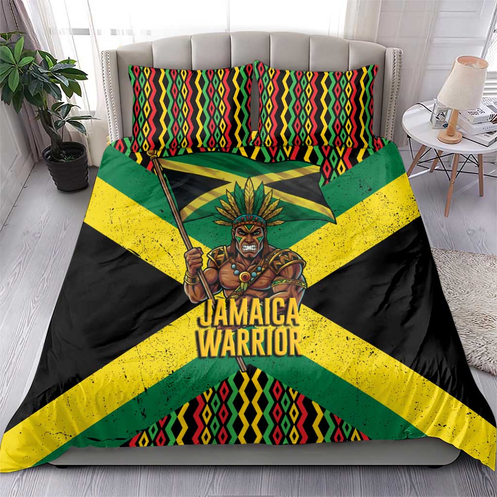 Black Jamaicans Warrior Spirit Bedding Set Tribal Fighter in Reggae Colors - African Pride