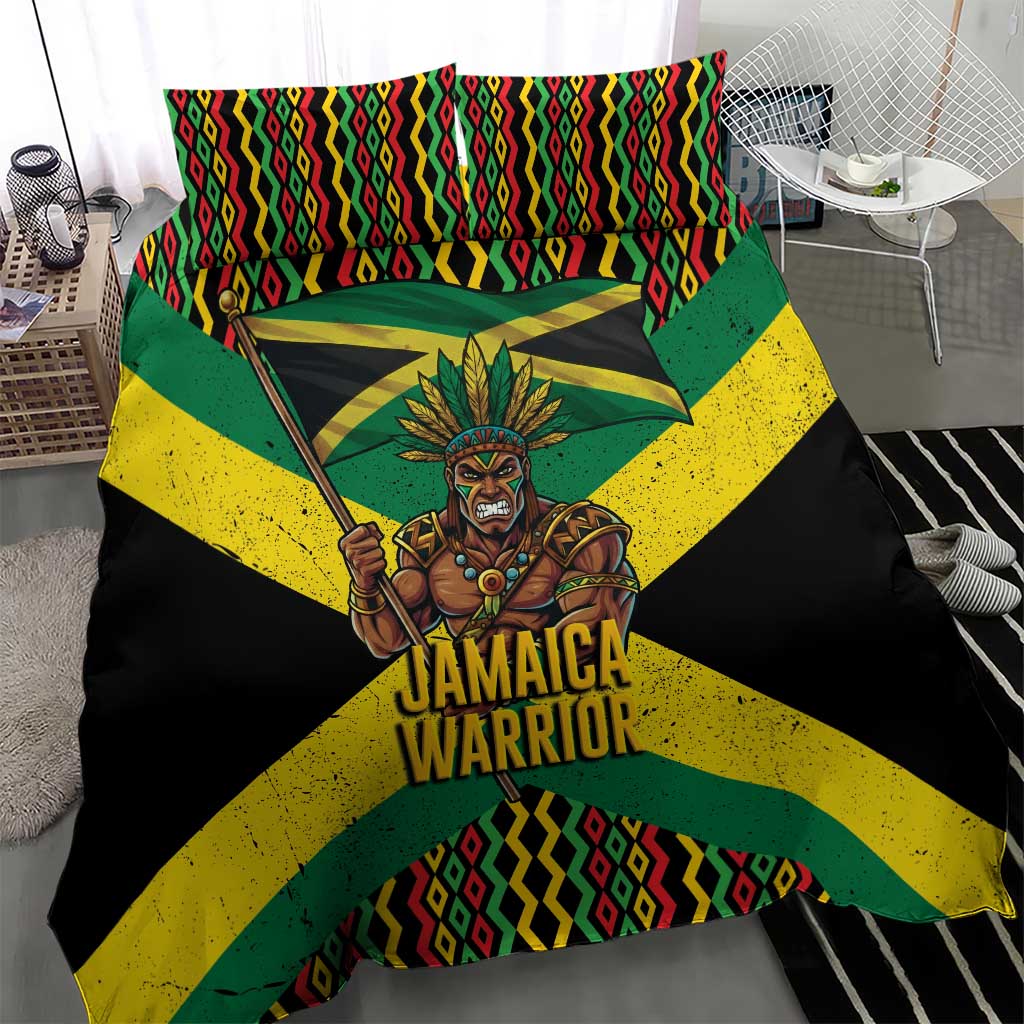 Black Jamaicans Warrior Spirit Bedding Set Tribal Fighter in Reggae Colors - African Pride