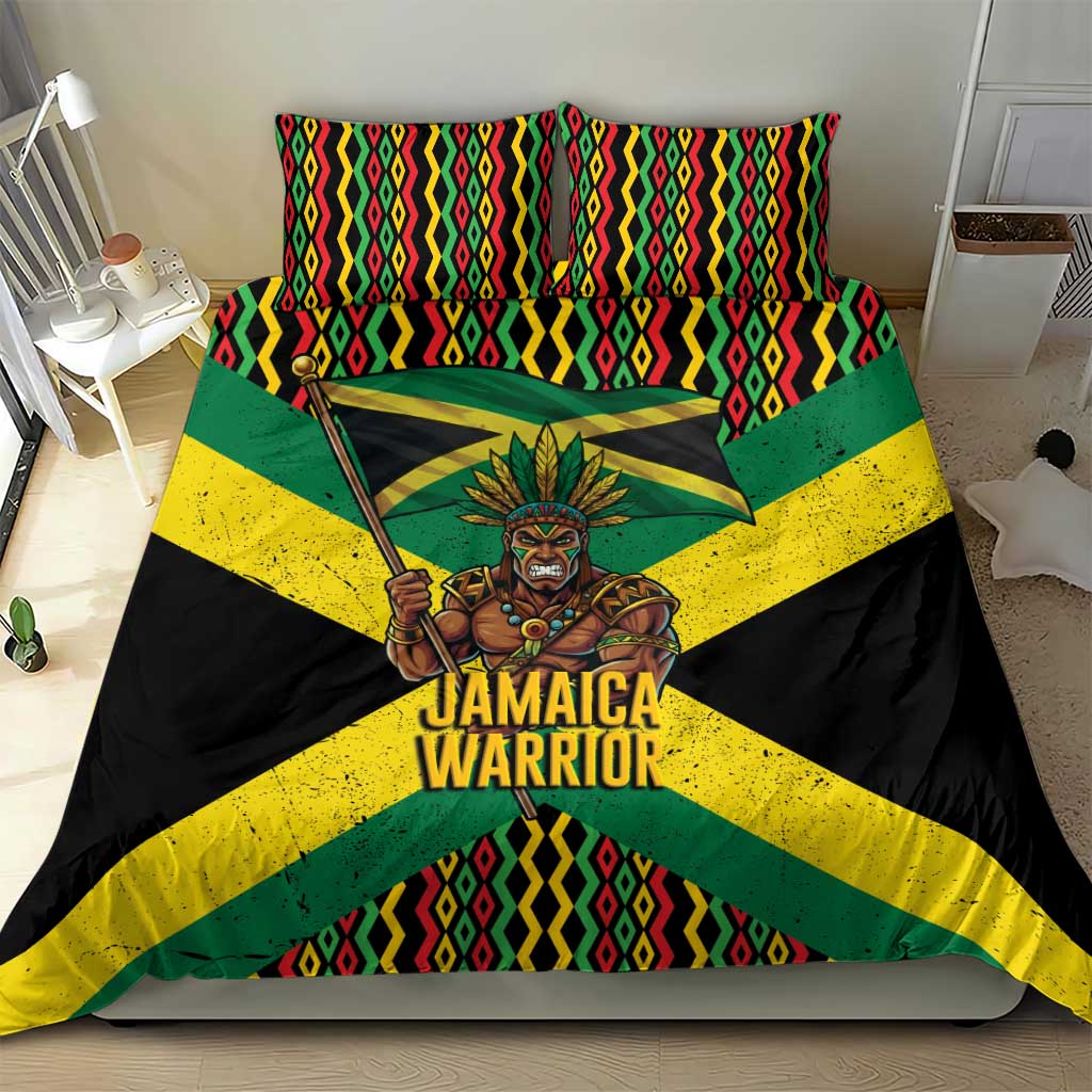 Black Jamaicans Warrior Spirit Bedding Set Tribal Fighter in Reggae Colors - African Pride