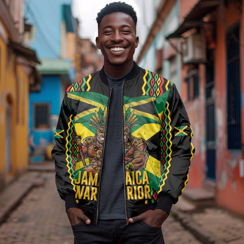 Black Jamaicans Warrior Spirit Bomber Jacket Tribal Fighter in Reggae Colors - African Pride