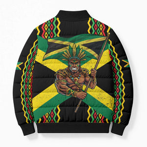 Black Jamaicans Warrior Spirit Bomber Puffer Jacket Tribal Fighter in Reggae Colors