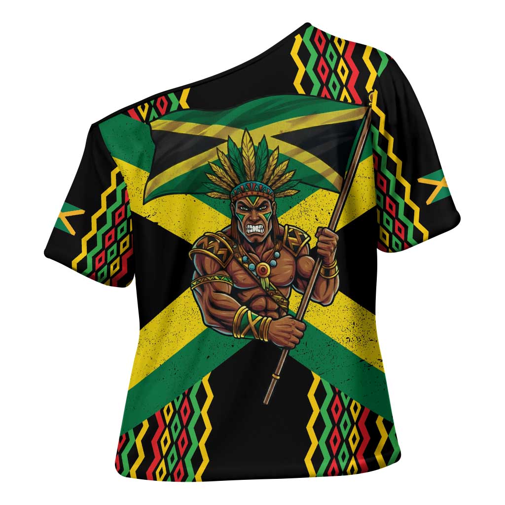 Black Jamaicans Warrior Spirit Cross Shoulder Shirt Tribal Fighter in Reggae Colors