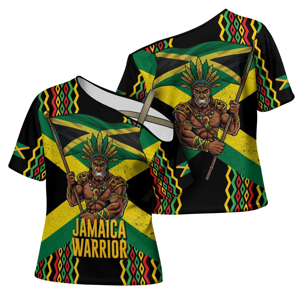 Black Jamaicans Warrior Spirit Cross Shoulder Shirt Tribal Fighter in Reggae Colors