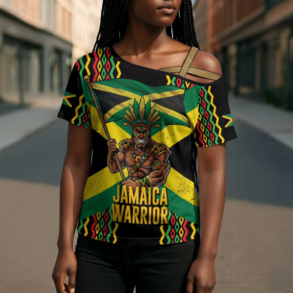Black Jamaicans Warrior Spirit Cross Shoulder Shirt Tribal Fighter in Reggae Colors