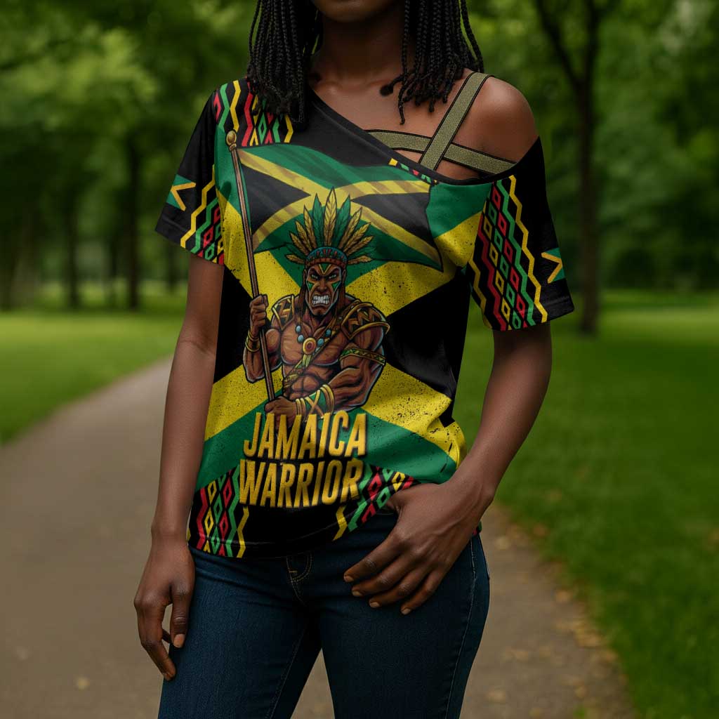 Black Jamaicans Warrior Spirit Cross Shoulder Shirt Tribal Fighter in Reggae Colors
