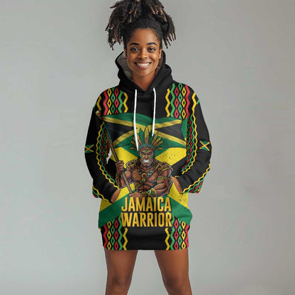 Black Jamaicans Warrior Spirit Hoodie Dress Tribal Fighter in Reggae Colors - African Pride
