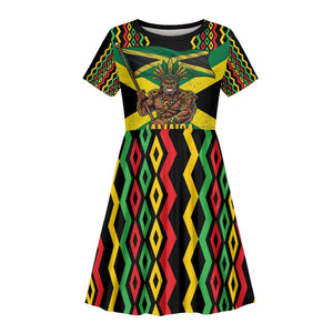 Black Jamaicans Warrior Spirit Kid Short Sleeve Dress Tribal Fighter in Reggae Colors - African Pride