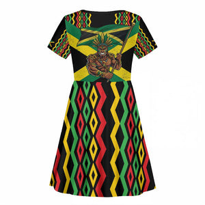 Black Jamaicans Warrior Spirit Kid Short Sleeve Dress Tribal Fighter in Reggae Colors - African Pride