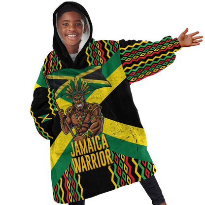 Black Jamaicans Warrior Spirit Kid Wearable Blanket Hoodie Tribal Fighter in Reggae Colors - African Pride