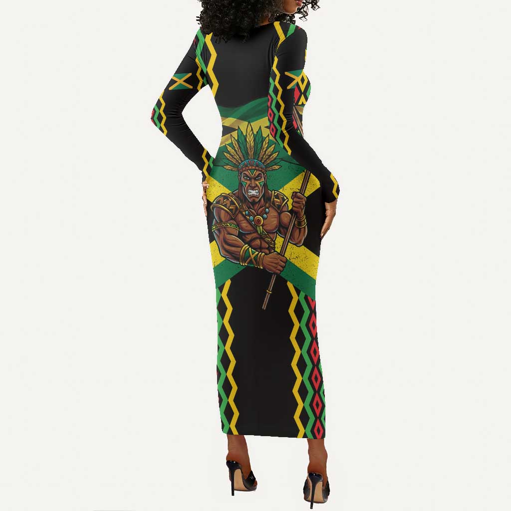 Black Jamaicans Warrior Spirit Long Sleeve Bodycon Dress Tribal Fighter in Reggae Colors - African Pride