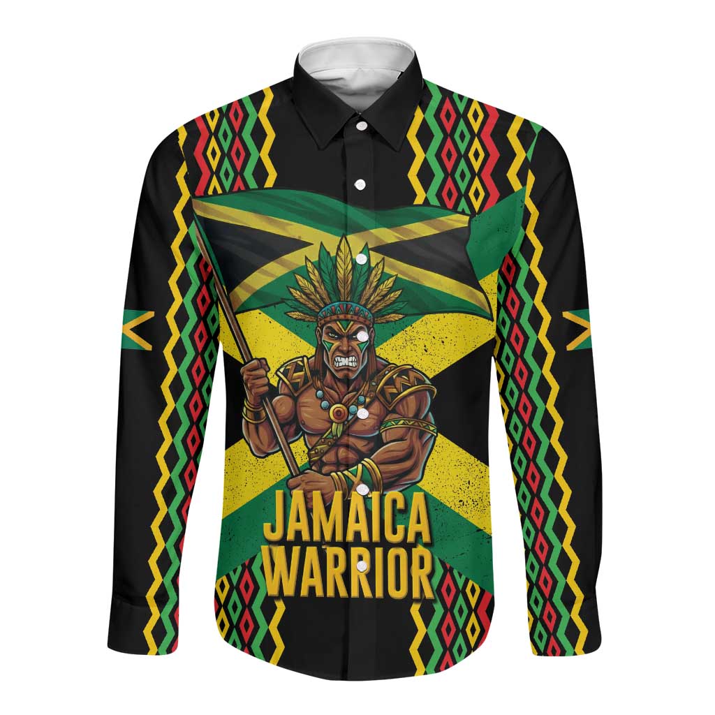 Black Jamaicans Warrior Spirit Long Sleeve Button Shirt Tribal Fighter in Reggae Colors - African Pride