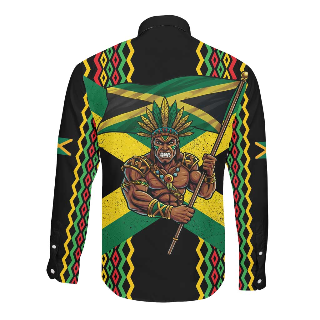 Black Jamaicans Warrior Spirit Long Sleeve Button Shirt Tribal Fighter in Reggae Colors - African Pride