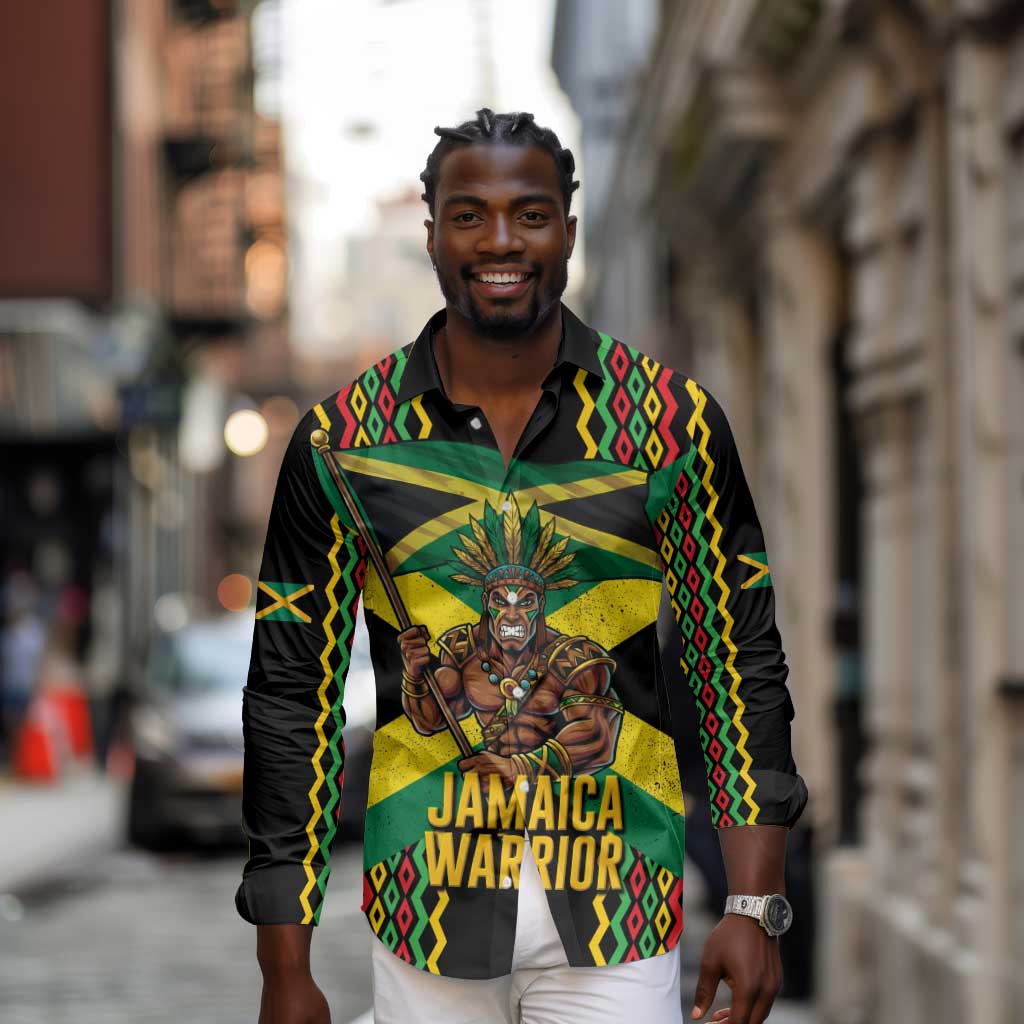 Black Jamaicans Warrior Spirit Long Sleeve Button Shirt Tribal Fighter in Reggae Colors - African Pride
