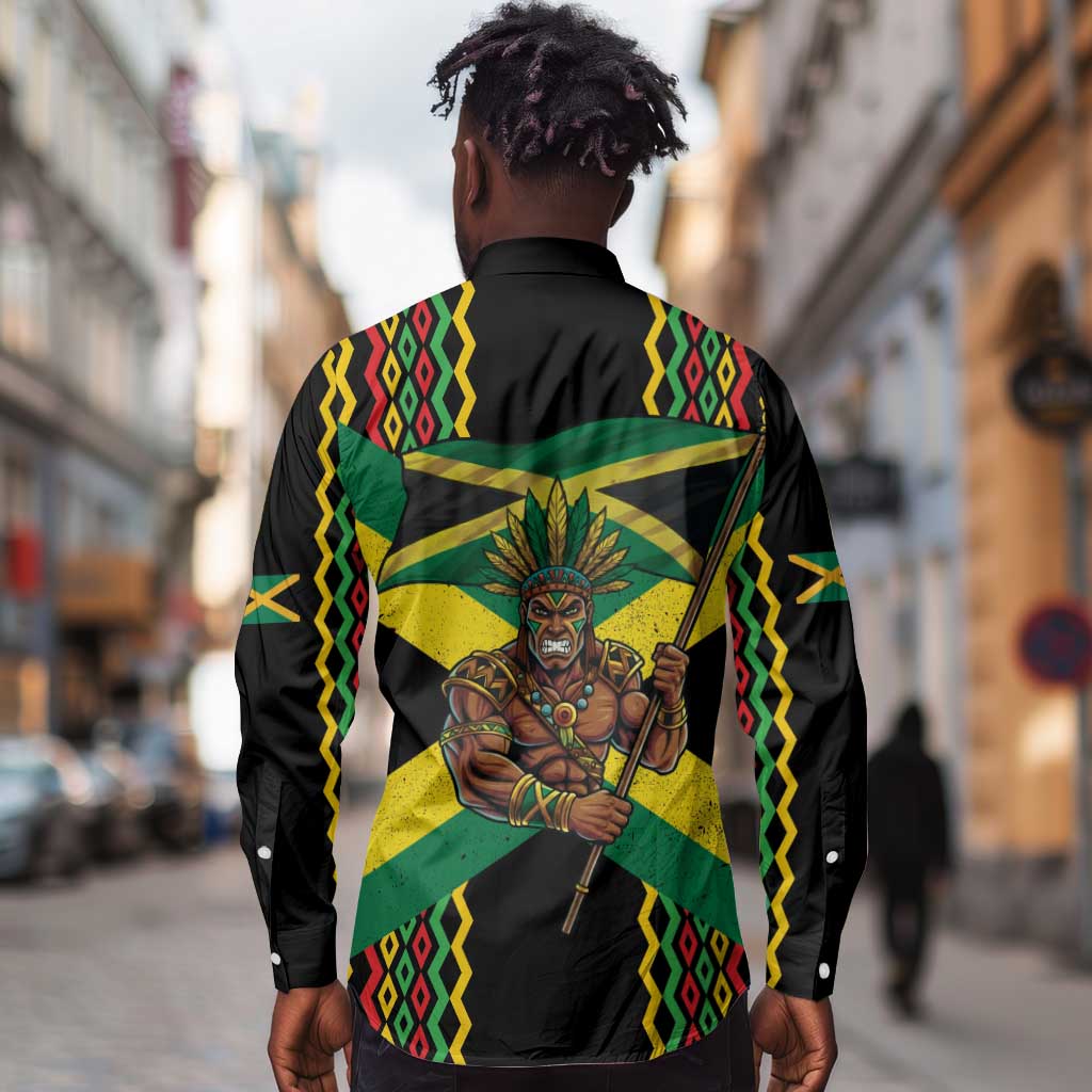 Black Jamaicans Warrior Spirit Long Sleeve Button Shirt Tribal Fighter in Reggae Colors - African Pride