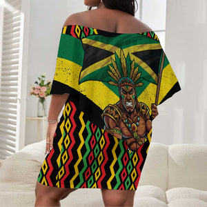 Black Jamaicans Warrior Spirit Off Shoulder Short Dress Tribal Fighter in Reggae Colors - African Pride