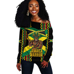 Black Jamaicans Warrior Spirit Off Shoulder Sweater Tribal Fighter in Reggae Colors - African Pride