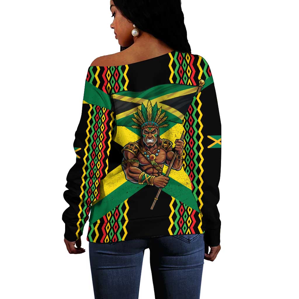Black Jamaicans Warrior Spirit Off Shoulder Sweater Tribal Fighter in Reggae Colors - African Pride
