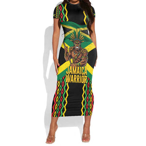 Black Jamaicans Warrior Spirit Short Sleeve Bodycon Dress Tribal Fighter in Reggae Colors - African Pride