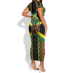Black Jamaicans Warrior Spirit Short Sleeve Bodycon Dress Tribal Fighter in Reggae Colors - African Pride